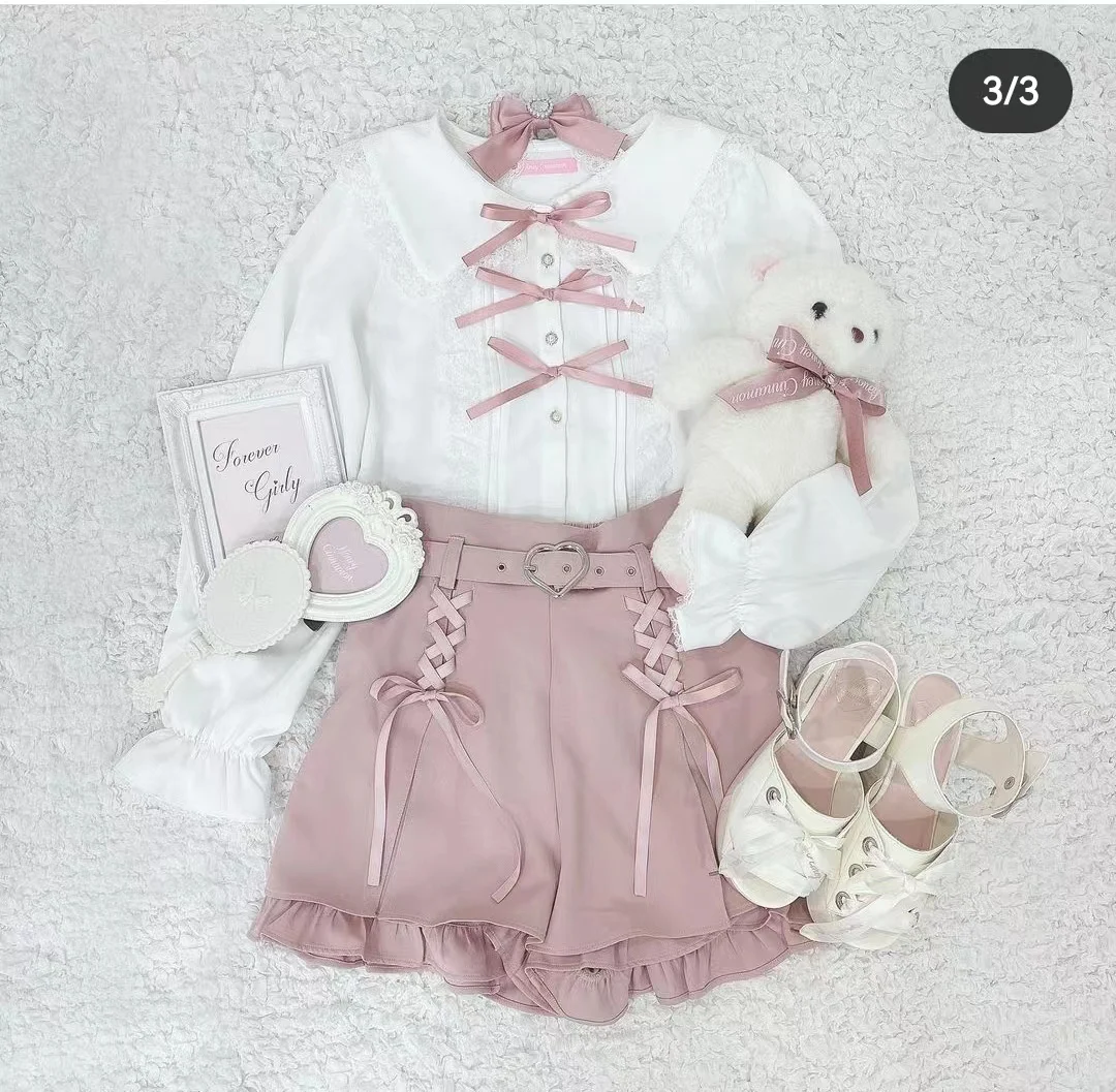 Japanese Original Summer Hc Love Belt Symmetrical Cross Ribbon Lace Shorts Women Kawaii Sweet Lolita Pink Shorts Female Culottes