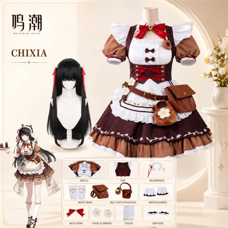 Фото Костюм для косплея Chisa из игры Wuthering Waves: платье кофейной горничной, парик, кавайное платье Лолиты, женская одежда для Хэллоуина и ролевых игр №1
