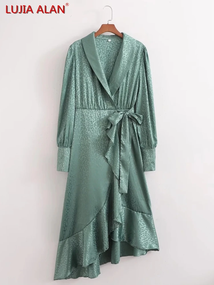 

Women Leopard Print Satin Lace Up Bow Wrap Dress Hot Sale Female Long Sleeve Streetwear Vestidos LUJIA ALAN WD718