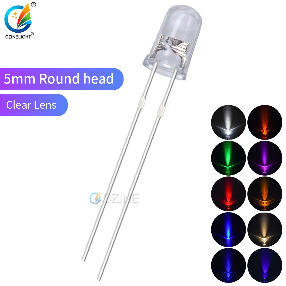 

1000pcs/bag Czinelight High Quality Clear Lens 5mm Led Emitting Diode Red Yellow Blue Green White Pink Purplele