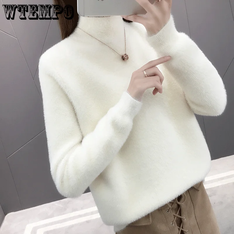 Imitation Mink Velvet Pullover Women Sweater Knitted Bottoming Shirt Long Sleeve Warm Top Half High Collar Solid Color Wholesale