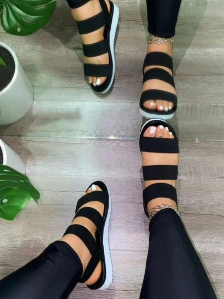 2022 Summer New Women's Casual Flat Fish Mouth Sandals Large Size Thick Bottom Non-slip A Word With Feet Elastic Strap Sandals