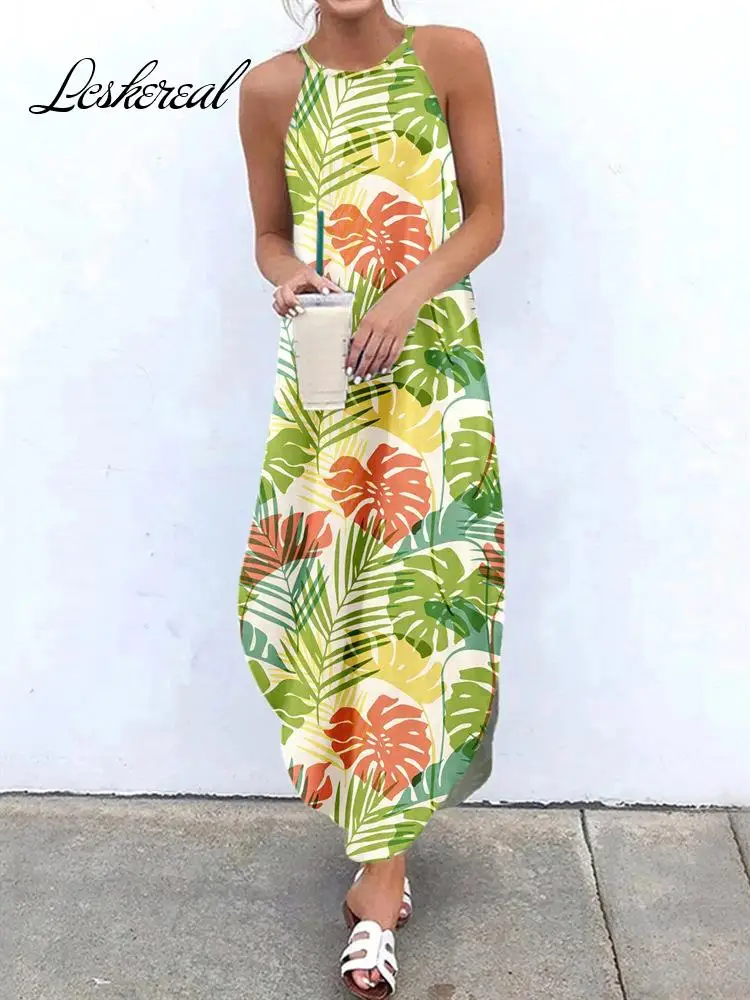 

Платье женское длинное с круглым вырезом, модное свободное повседневное простое дамское платье без рукавов с принтом, с разрезом, лето 2022