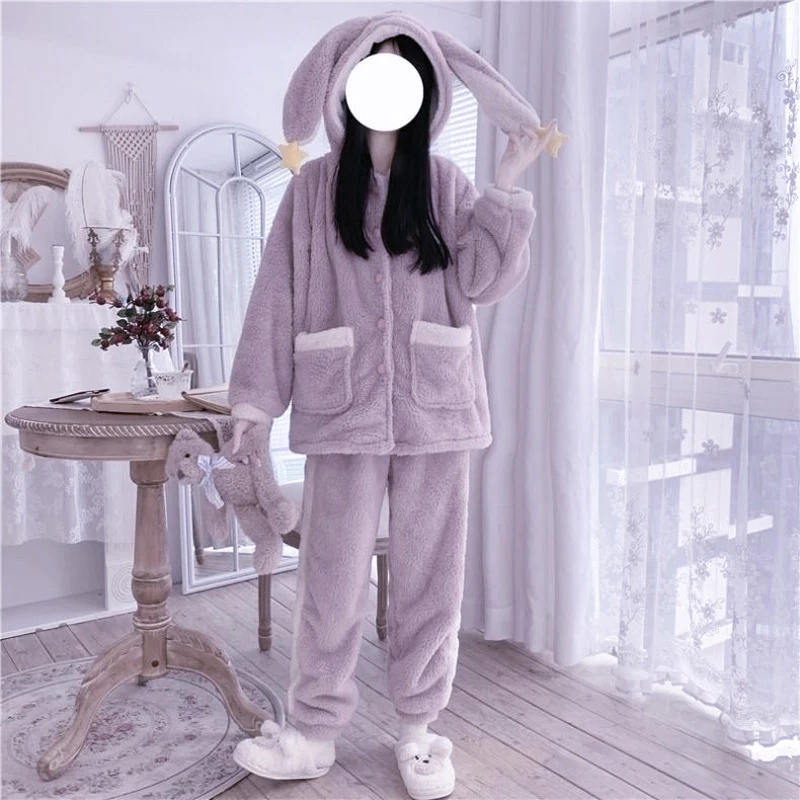 QWEEK Bunny Hooded Women's Pajamas Winter Kawaii Sleepwear Warm Pijama Female Set Woman 2 Pieces Pyjamas Nightwear Girl Pjs Suit