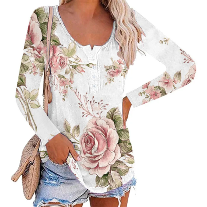 

2021 Autumn New Women's Tops Flowers Printing Casual Loose Comfortable T-Shirt Pullover V-Neck Button Long-Sleeve Ladies T-Shirt