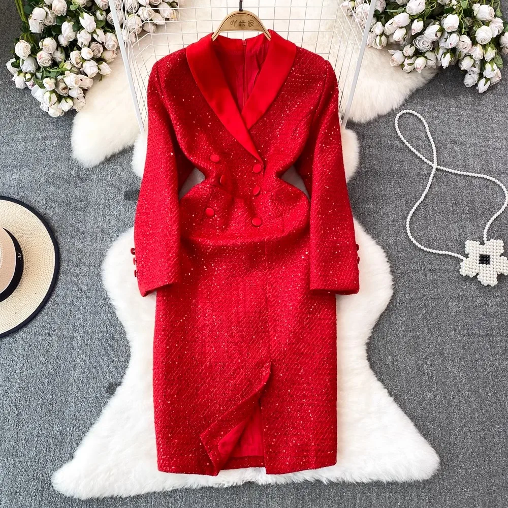 Женское двубортное платье с V-образным вырезом и длинным рукавом