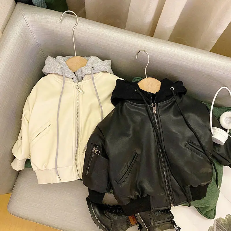 

Autumn And Winter New Boys Thickened Leather Jacket Small Children Fake Two Pieces Leather Jacket Children'S Jacket High Quality