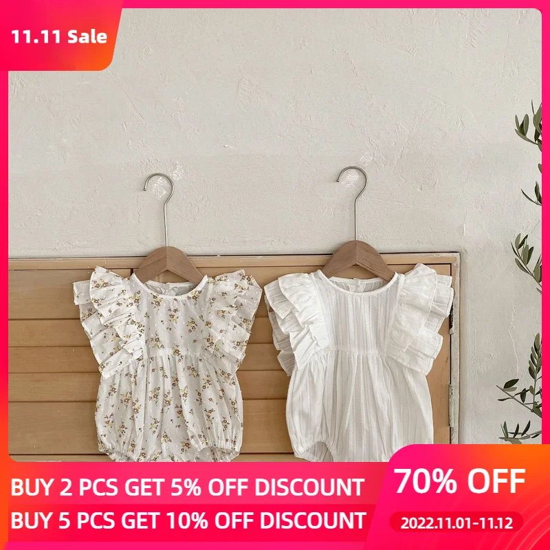 

Комбинезон для новорожденных девочек; Белый и цветочный летний комбинезон с рукавами-крылышками для маленьких девочек; Хлопковая одежда