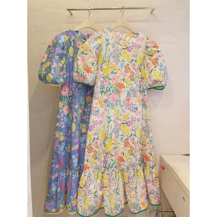 

2022 Summer Women Dress Foral Puff Short Sleeve Korean Loose Ruffle Midi Fashion Loose Elegant Casual Women's Dresses