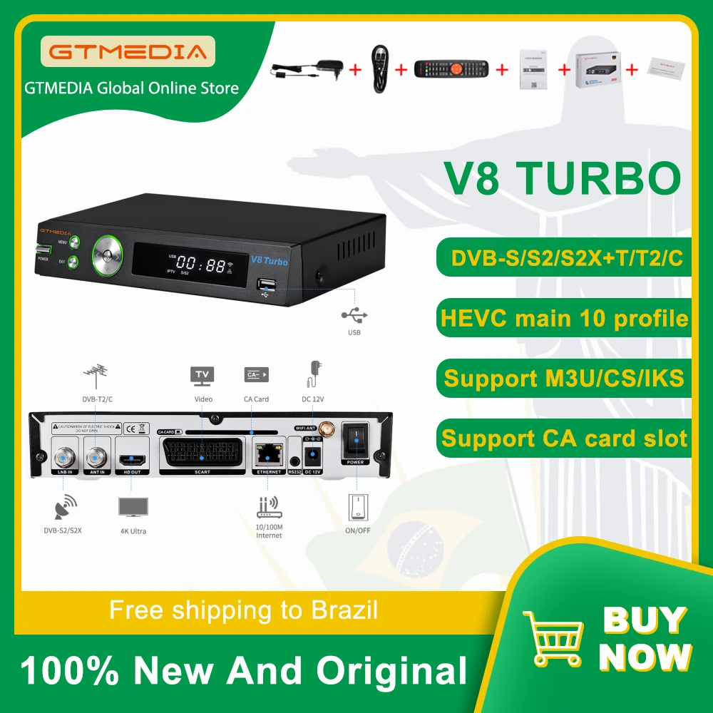 Спутниковый ресивер GTMEDIA V8 Turbo DVB-S/S2/S2X/T2/с кабелем автоматический Biss Встроенный 2 4G