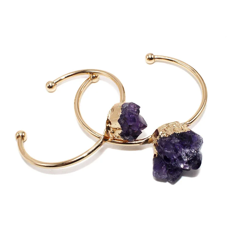 Natural Amethyst Bangle Amethyst Crystal Cluster Jewelry Women Geometric Irregular Raw Stone Crystal Cuff Bracelet Adjustable