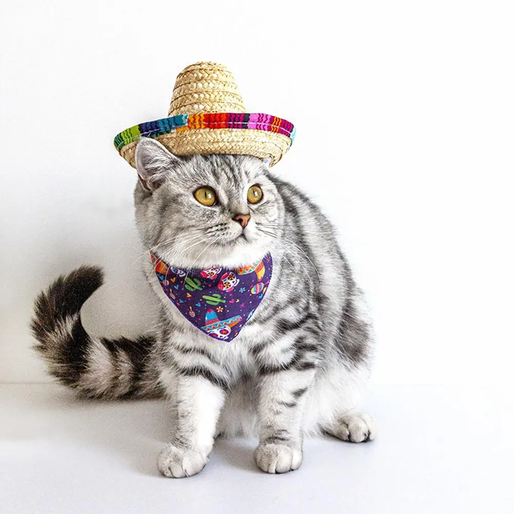 

Mini Pets Straw Hat Warm Romantic Mexican Sun-hat Sombrero Adjustable Rope For Dogs Cats Beach Party Straw Costume Accessories