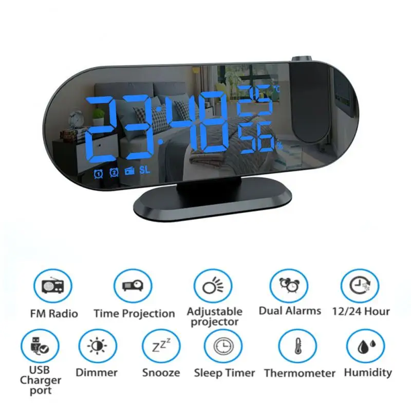 

FM Radio LED Digital Projection Alarm Clock Watch Electronic Desktop Clocks USB Charging Wake Up Time Projector Snooze Alarm New