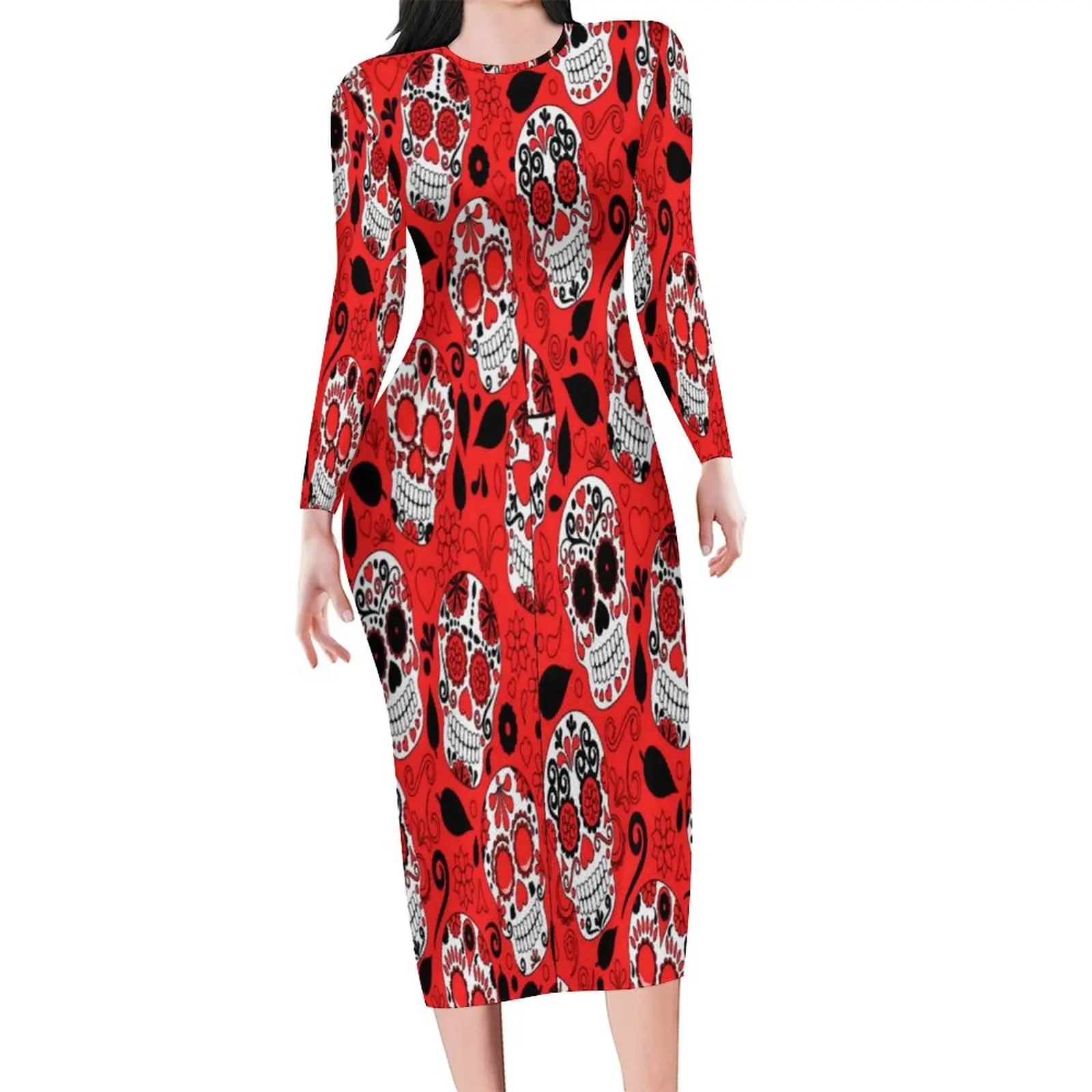 

Женское платье с длинным рукавом, красно-Белое Облегающее Платье с принтом в виде черепа