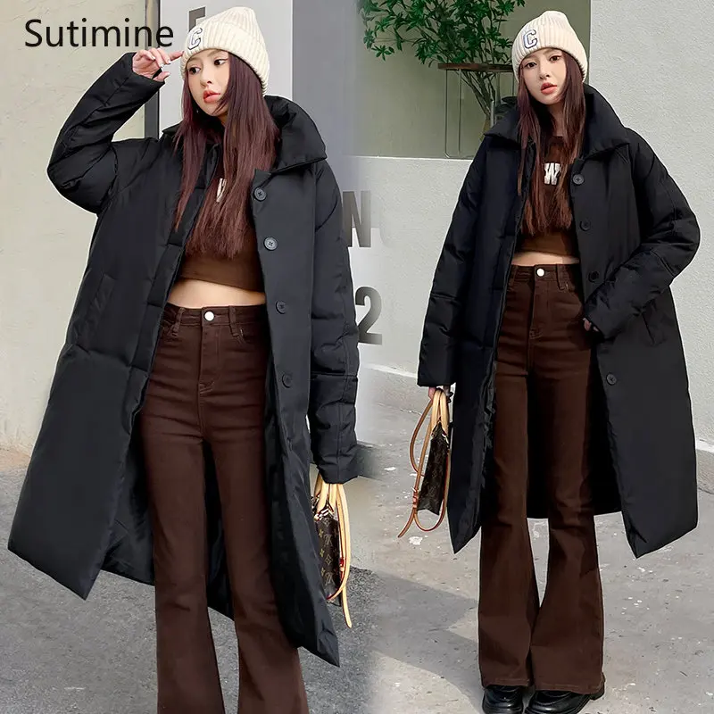 Knee Length Coat Women's Lapel Thickened Warm White Cotton Coat Office Lady Winter Coat for Women Wide-waisted Coat Women