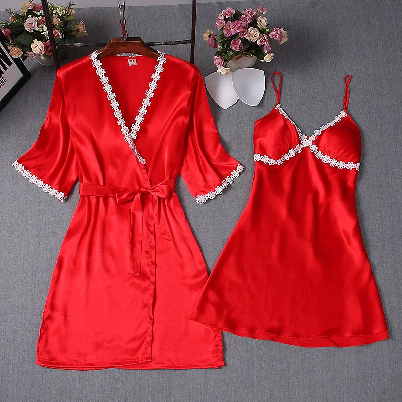 Women's Sleepwear 2 Pcs Sets Satin Silk Sleep Dress Sling Mini Dress and Cami Robe Pajamas Set