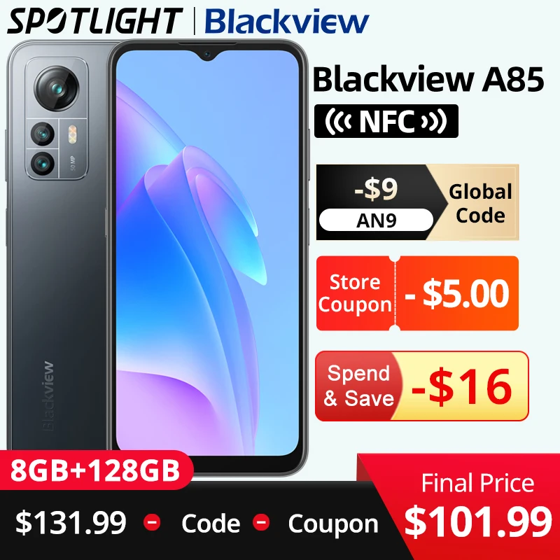 【World Premiere】 Blackview A85 Global Version 8GB 128GB 6.5'' HD+ 90Hz Display 50MP Camera 4480 mAh Battery NFC Smartphone