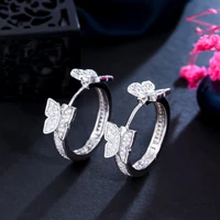 elegant shiny cubic zirconia circle round gold color cute romantic double butterfly hoop earrings for women