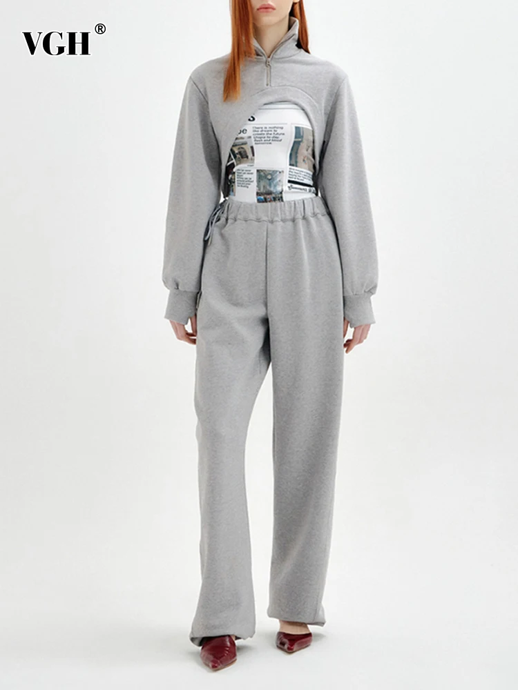 

VGH Casual Gray Three Piece Set For Women Turtleneck Long Sleeve Sweatshirt Print Vest Wide Leg Pants Female Sets 2022 Clothing