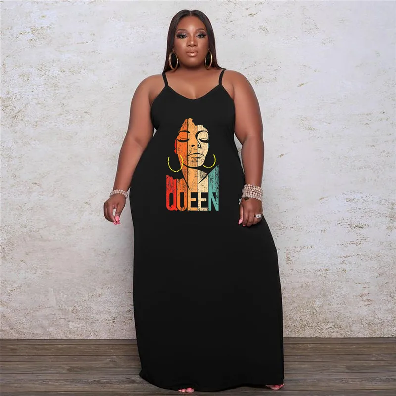 

5XL Plus Size Women Dress Summer Sexy Sleeveless Beach Elegant Robe Vintage Abstract Queen Print Loose Pocket Floor-length Dress