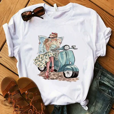 

Women's short sleeved T-shirt Fashion girls motorcycle patterned top bottom shirt round collar casual girls T-shirt graphic