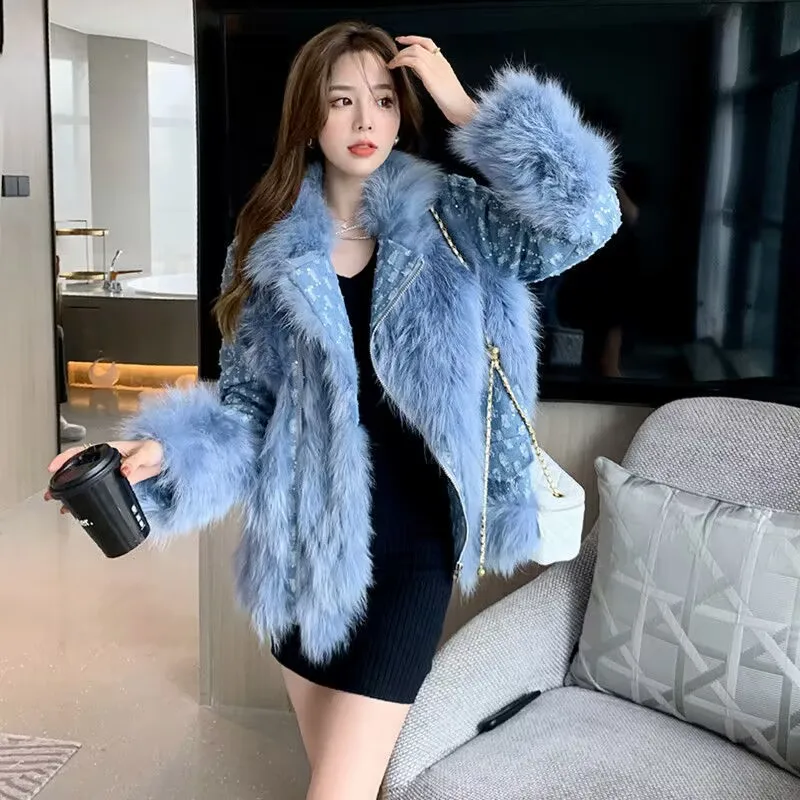 

2023 Winter New Fur Jacket Coat Denim Patchwork Women Overcoat