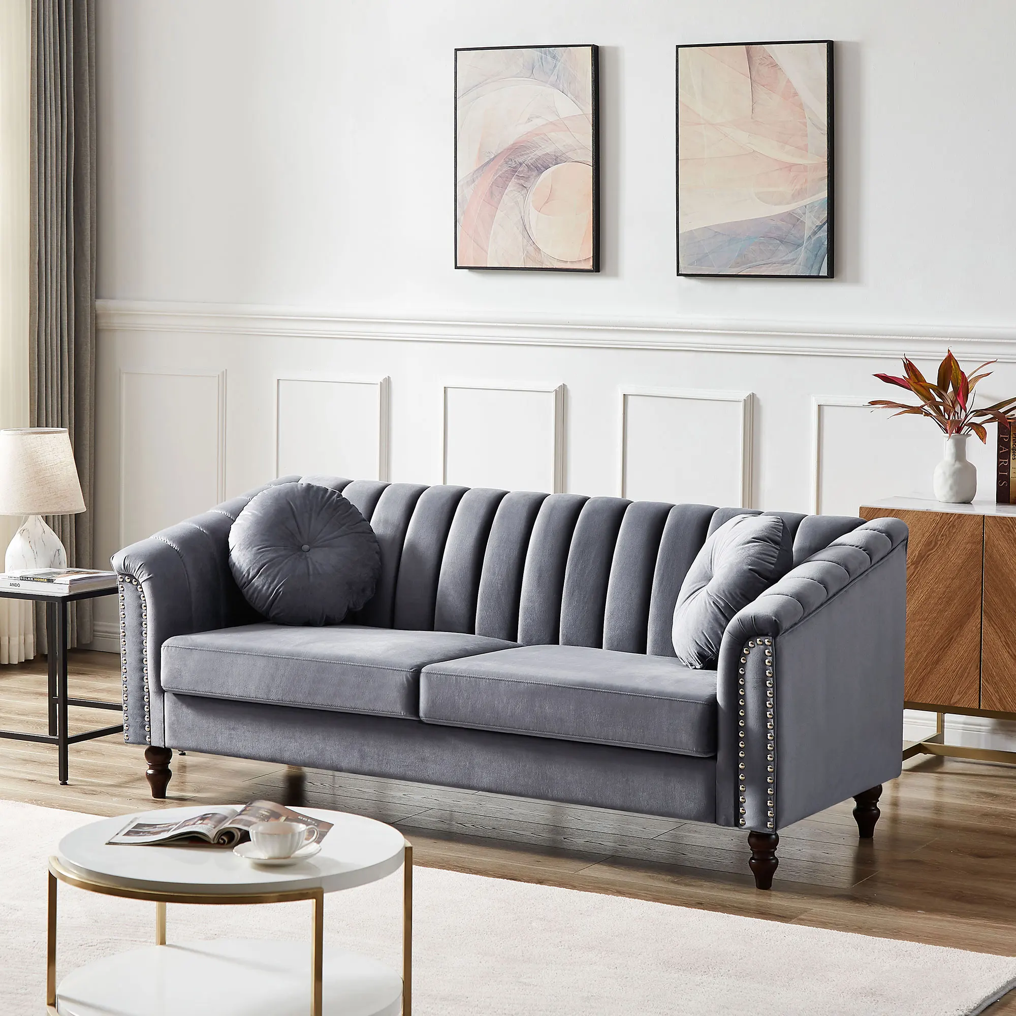 

Modern Velvet Upholstered Sofa Couch, 3 Seat Tufted Back with Nail Arms, Solid wood Legs, Sleeper Sofa for Living Room