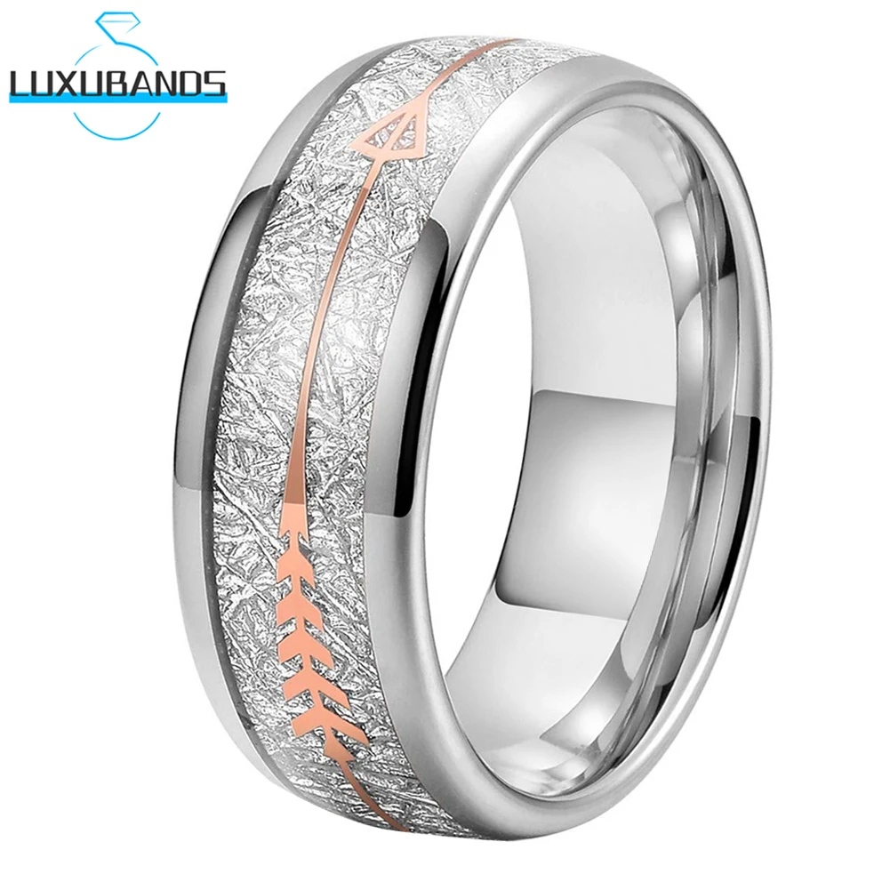 

8mm Women Men Tungsten Carbide Wedding Ring Rose Arrow White Meteorite Inlay Polished Finish High Quality Comfort Fit