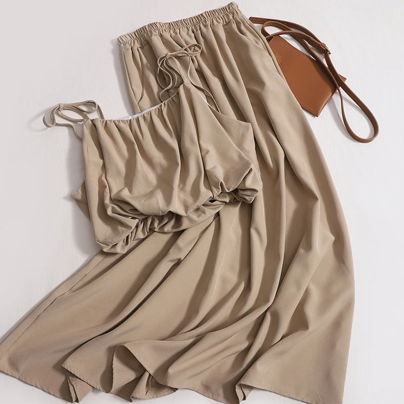 

Summer Two-piece Set Women Lace-up Camisole Elastic Waist Half-body Skirt Casual Fashion O-neck Sleeveless Top A-line Skirts