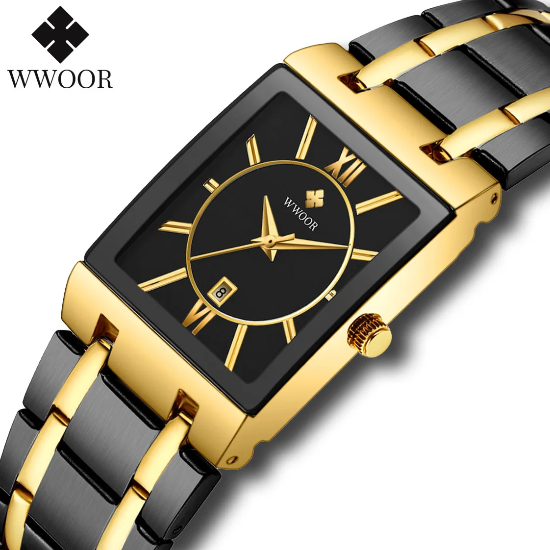 WWOOR Brand Luxury Gold Bracelet Men's Watches Fashion Square Quartz Wrist Watch For Men Stainless Steel Waterproof Reloj Hombre