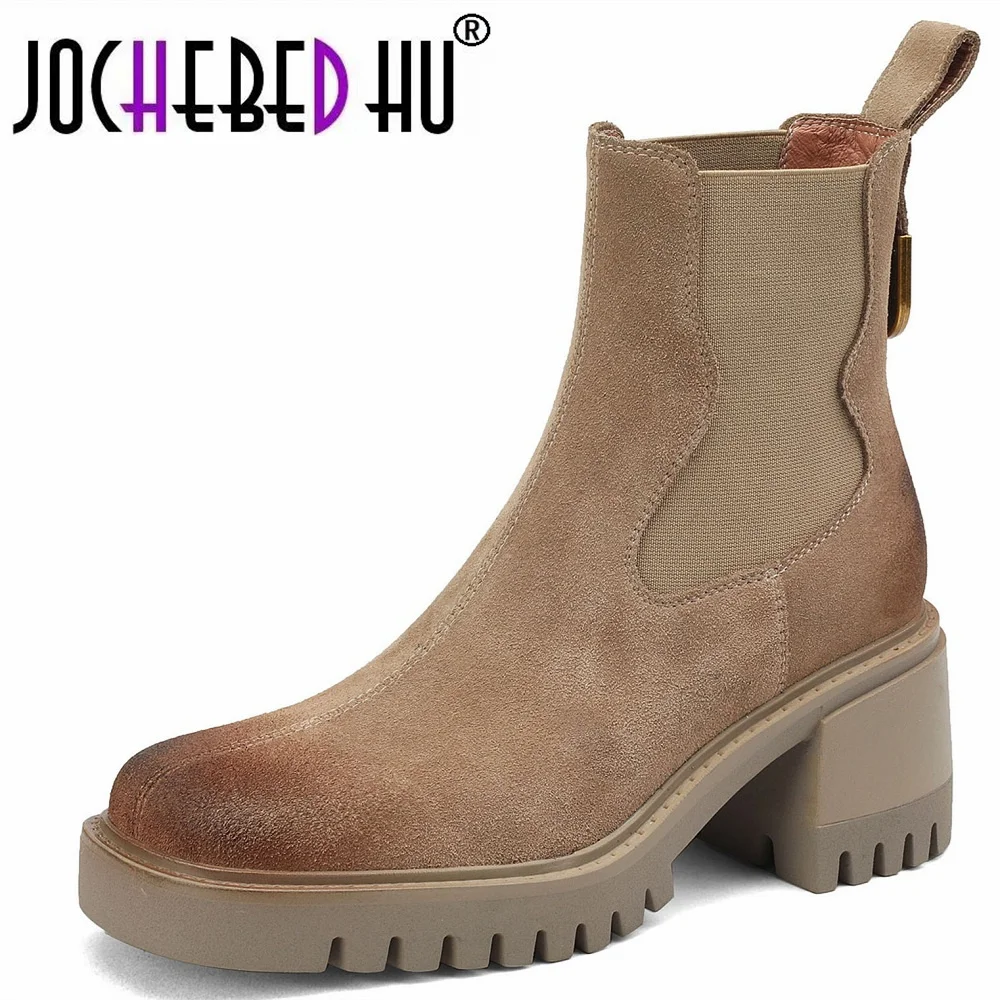 

【JOCHEBED HU】Genuine Leather Boots Round Toe Chunky Heel Women Elastic tightness Boots Winter Mixed Colors Platform Size 33-40