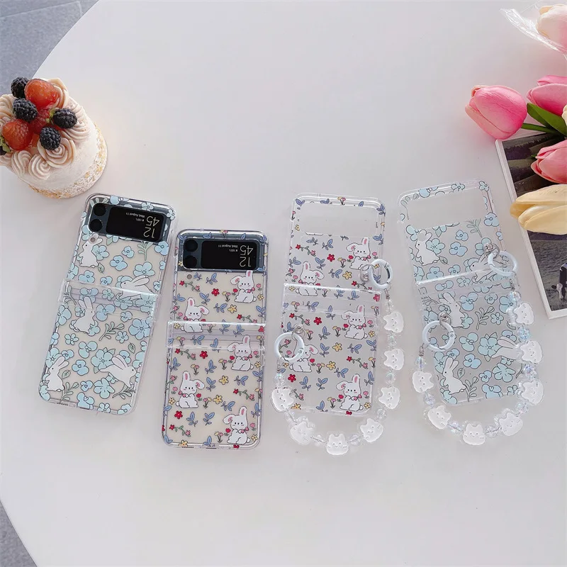

Lovely Floral Rabbit Phone Case with Lanyard for Samsung Galaxy Z Flip 4 3 Hard Cover for ZFlip3 Zflip4 Solid Shell Bracket