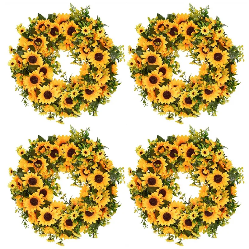 

4X искусственный летний венок подсолнуха-16 дюймов фотовенок с желтым подсолнухом и зелеными листьями
