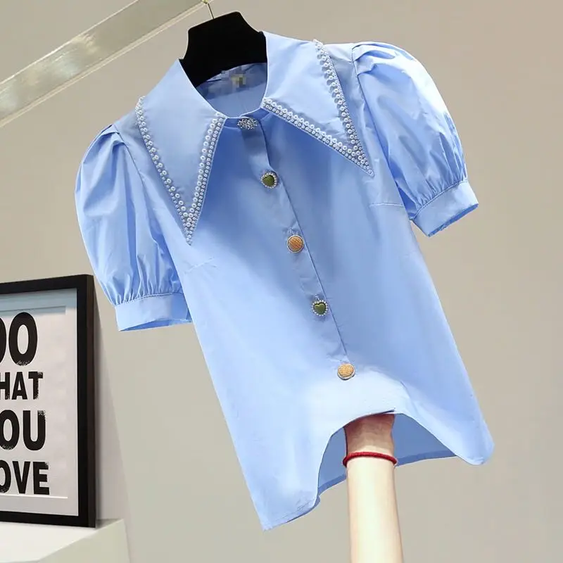 Женская блузка-рубашка с пузырьковыми рукавами свободная облегающая однотонная