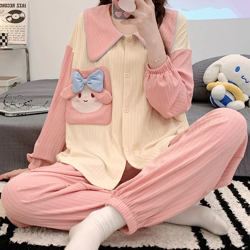 Sanrio Melody New Home Clothes Long Sleeve Tops  Loose Pants 2 Piece Set Women Pajamas Y2k Female Cartoon Cute Sleepwear Suits