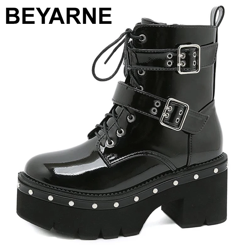 

Sexy Rivets Demonias Shoes Women Boots Square Heel Platform Shoes Goth Brand Black Leather Buckle Strap Spring Autumn