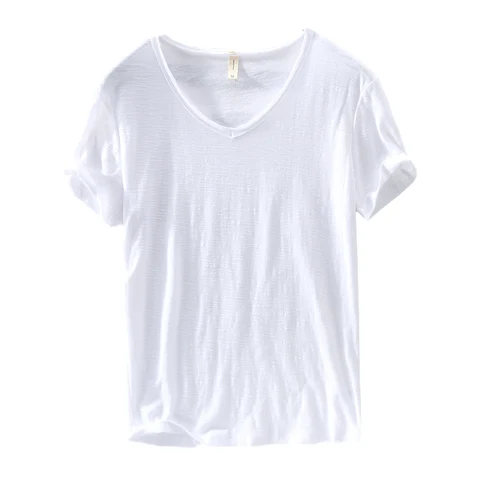Летняя Новинка 2020, футболка из 100% хлопка, Мужская однотонная белая Повседневная футболка с v-образным вырезом, Мужская Базовая футболка размера плюс, топы с короткими рукавами, мужская одежда