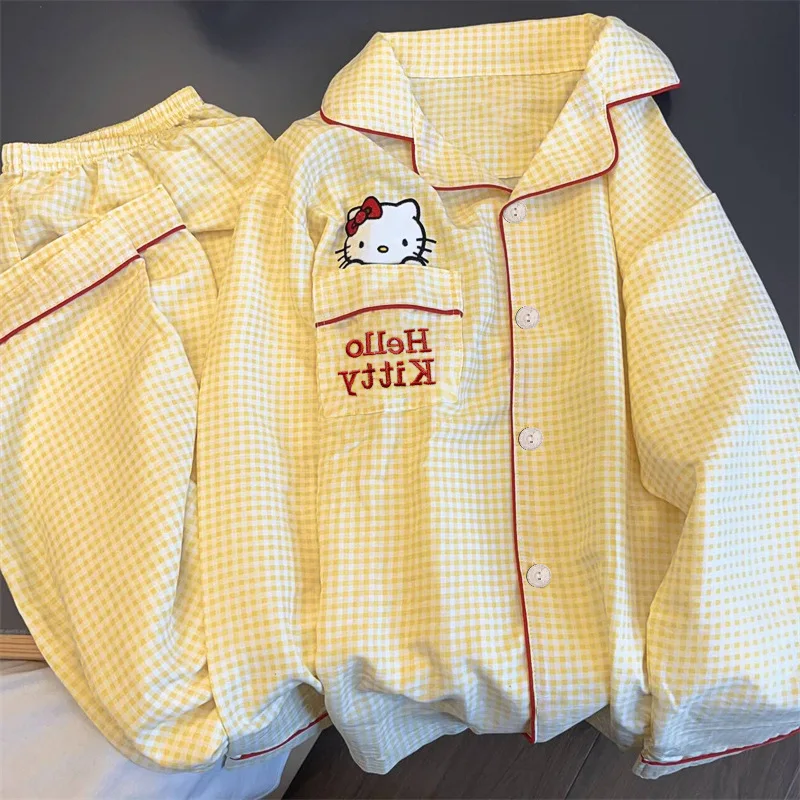 Весенне-осенние желтые клетчатые пижамы с принтом Hello Kitty для девочек модные и
