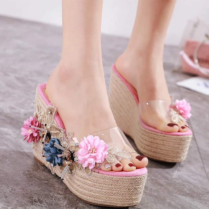 

Womens Peep Toe Slipper Slingback Platform Flowers Embroidery Clear Transparent Muffin Wedge High Heel Sandals Shoes 2022New