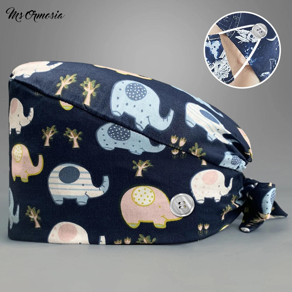 

100%cotton Cartoon Print Multicolor Hats Adjustable Scrub Surgery Nursing Cap Pet Clinic Veterinary Work Hat Medical Accessories