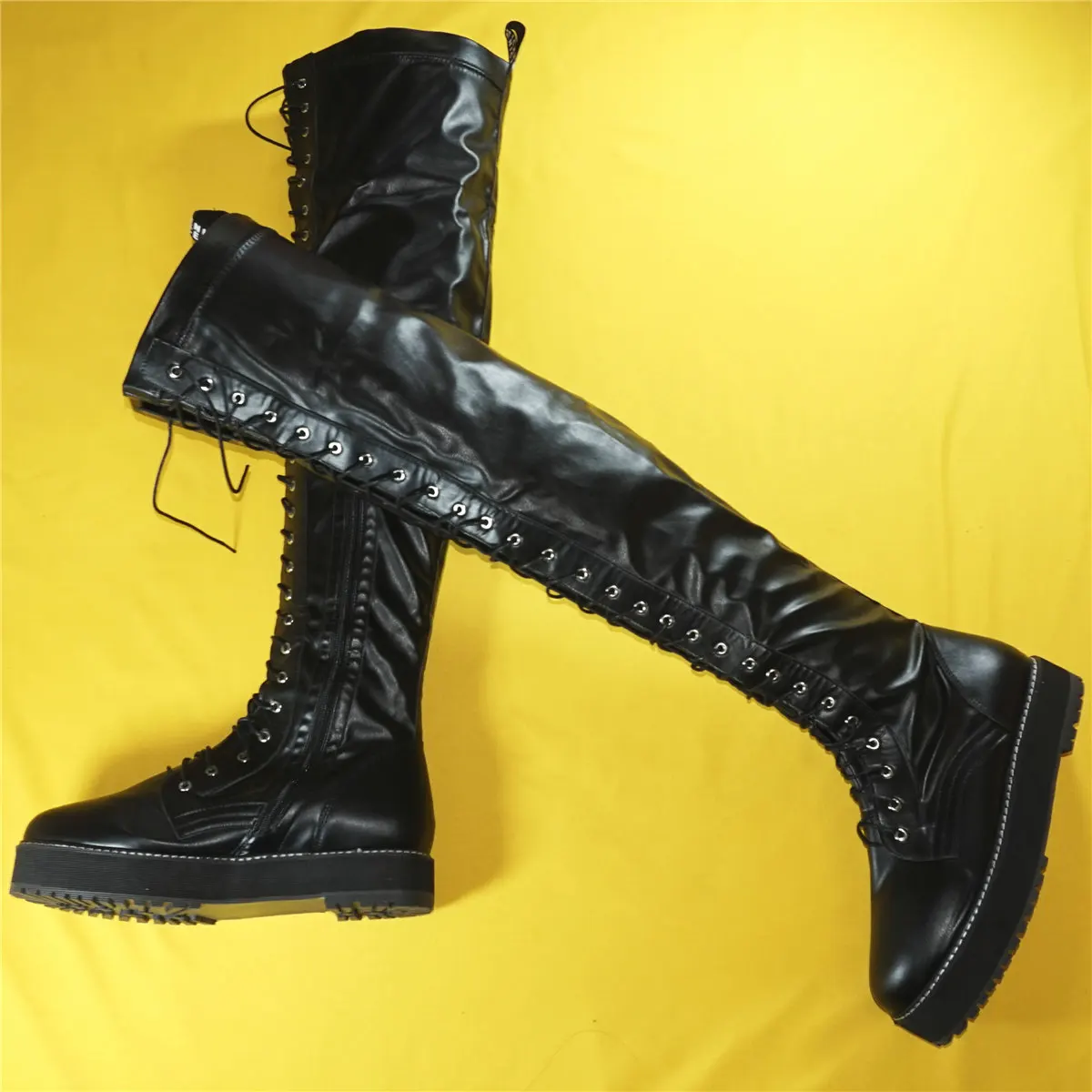 Black Pumps Shoes Women Lace Up Chunky Platform Over The Knee Thigh High Boots Female Round Toe Fashion Sneakers Casual Shoes