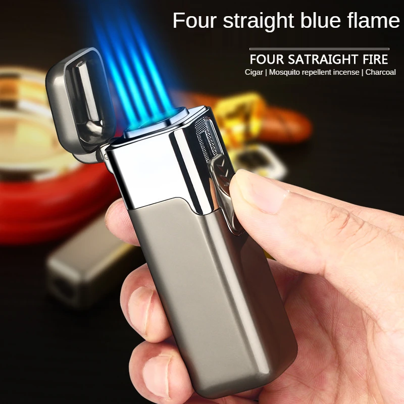 

New Windproof Four Nozzles Cigar Gas Lighters Jet Metal Torch Turbo Butane Cigarettes Lighter Spray Gun Gadgets Men Gift