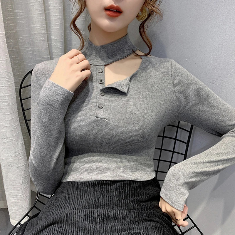 

Cotton Women's T-Shirts Long Sleeve Tops Solid Hollow Out Turtleneck Slim Casual Tee Shirt Femme Korean Fashion White Tshirts
