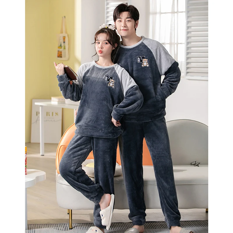 Flannel Plush Winter Couple Pajama Sets Long Sleeve O-Neck Pyjamas For Women Men Lovers Clothing Sweet Cartoon Coral Velvet Suit