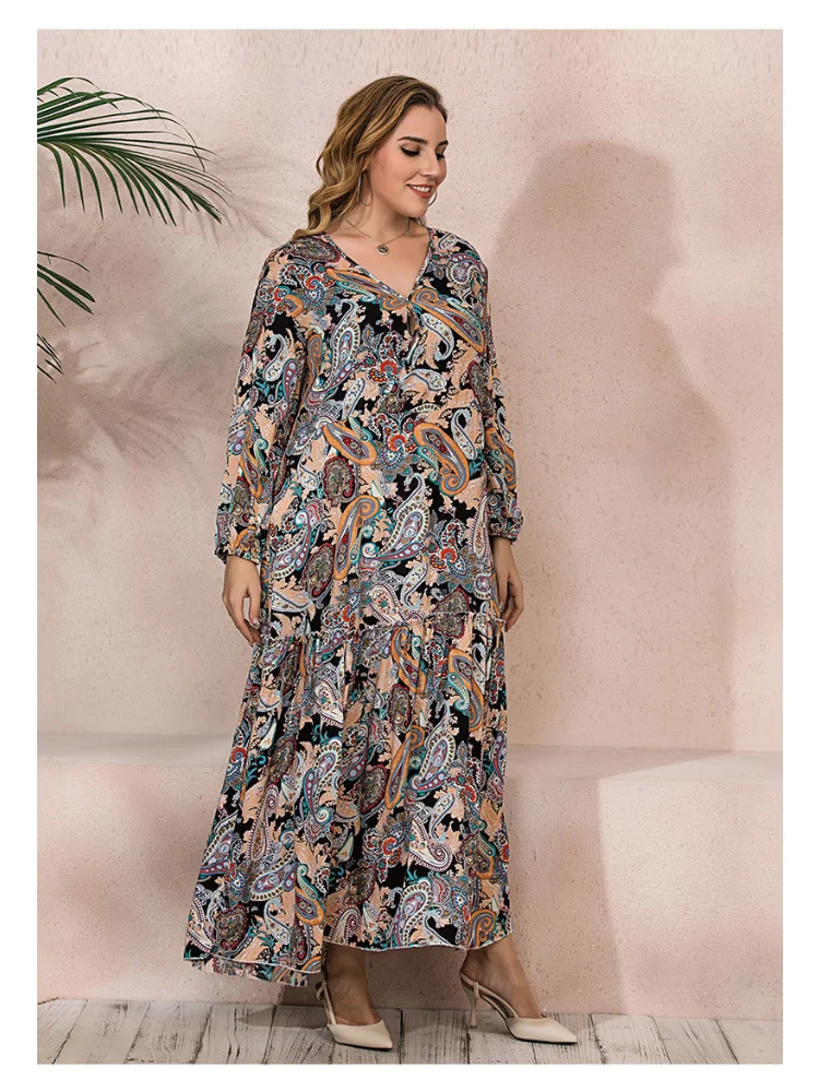 Spring and Summer Best Selling Retro Paisley Plus Size Dress Fat mm Loose Long Sleeve Pendulum Long Dress