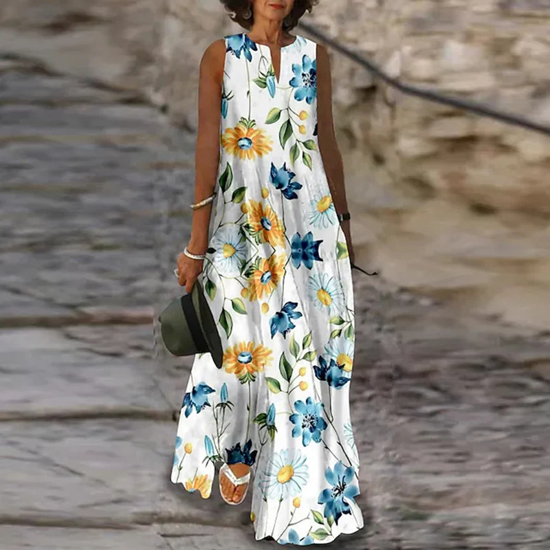 

Женское платье-макси в стиле ретро, длинное платье с цветочным принтом, с V-образным вырезом и драпировкой, в стиле бохо, свободное офисное платье без рукавов, весна-лето