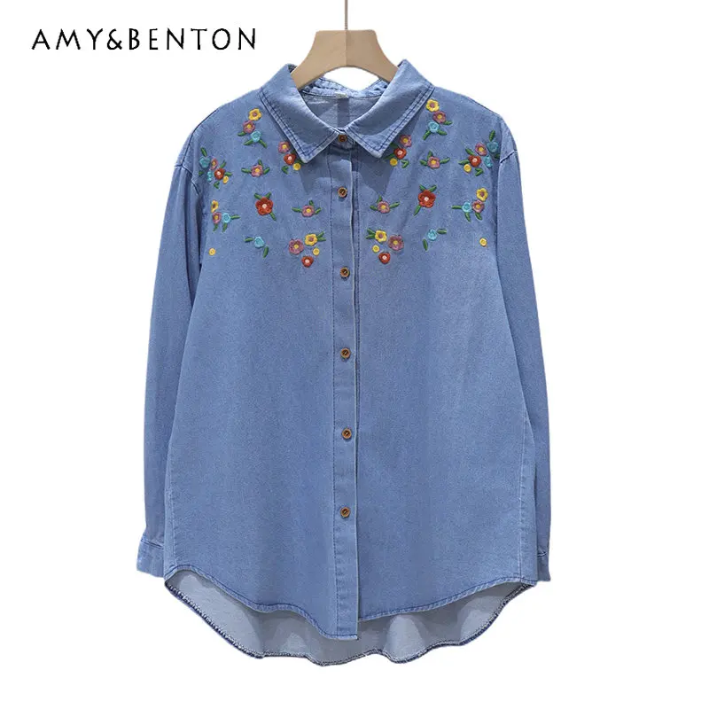 

Retro Flower Exquisite Embroidery Blouse 2023 Spring New Loose Slimming Front Short Back Long Washed Denim Shirt Blusas De Mujer