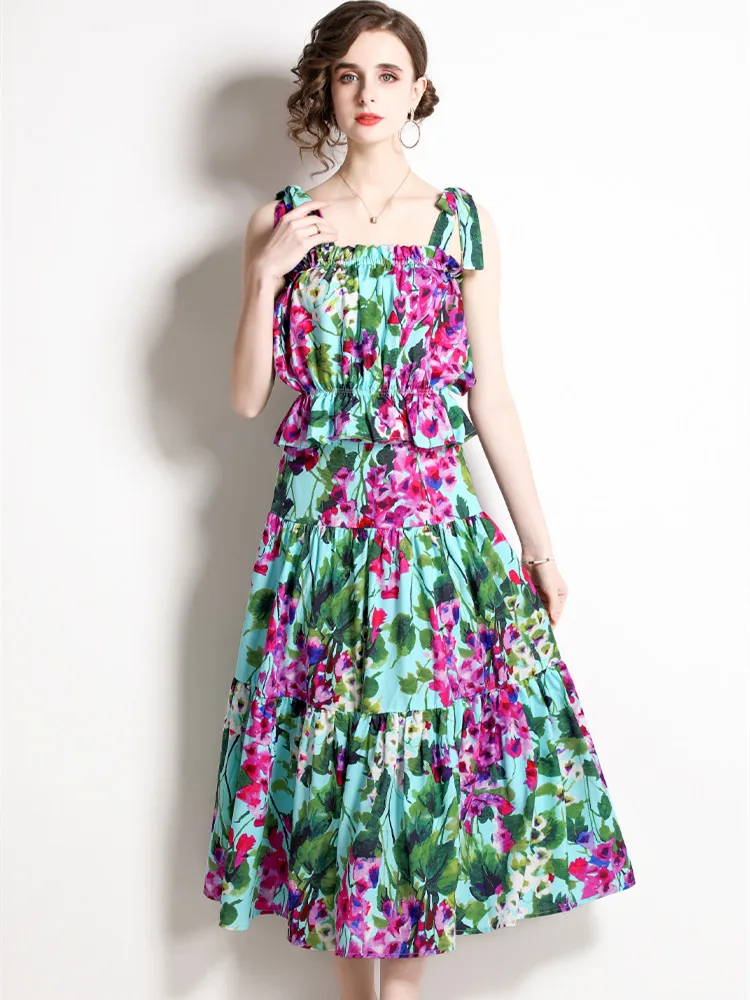 

Elegant Beach Print Skirt 2 Piece Set Women's Runway Slash Neck Bow Ruffle Tops+Design High Waist Long Skirt Summer Lady Suit