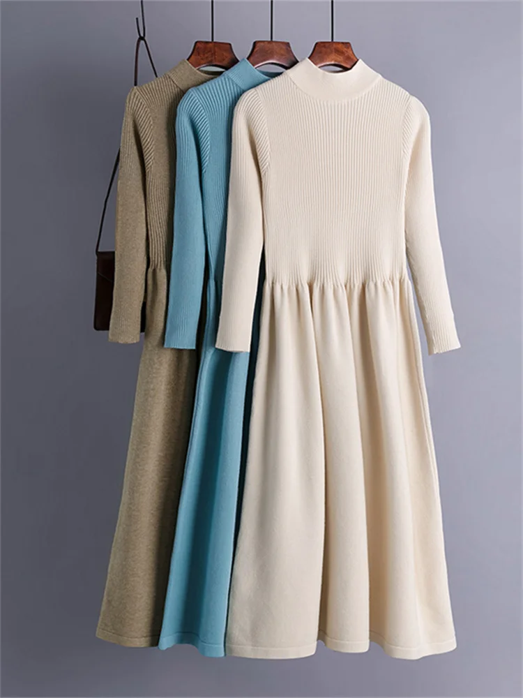 

Женские вязаные платья, Осень-зима, базовое ТРАПЕЦИЕВИДНОЕ ПЛАТЬЕ-пуловер, элегантное облегающее офисное платье средней длины, вязаные плиссированные платья для женщин