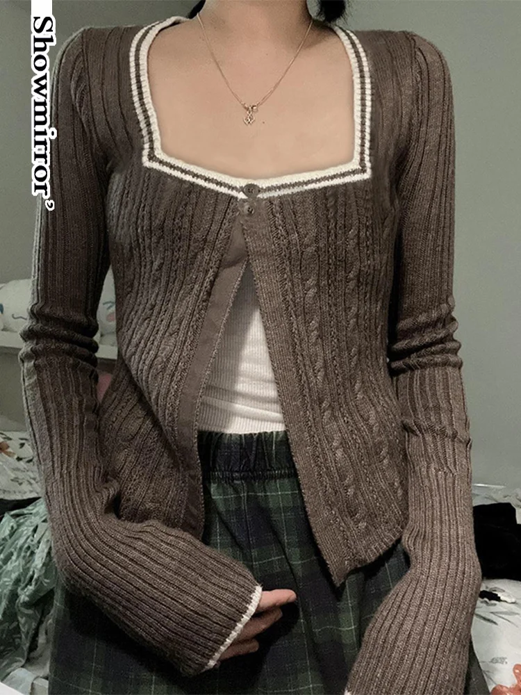

Showmirror женский свитер с квадратным воротником, Элегантный Повседневный Кардиган, зимняя одежда с одной пряжкой, преппи, вязаный, винтажный, д...